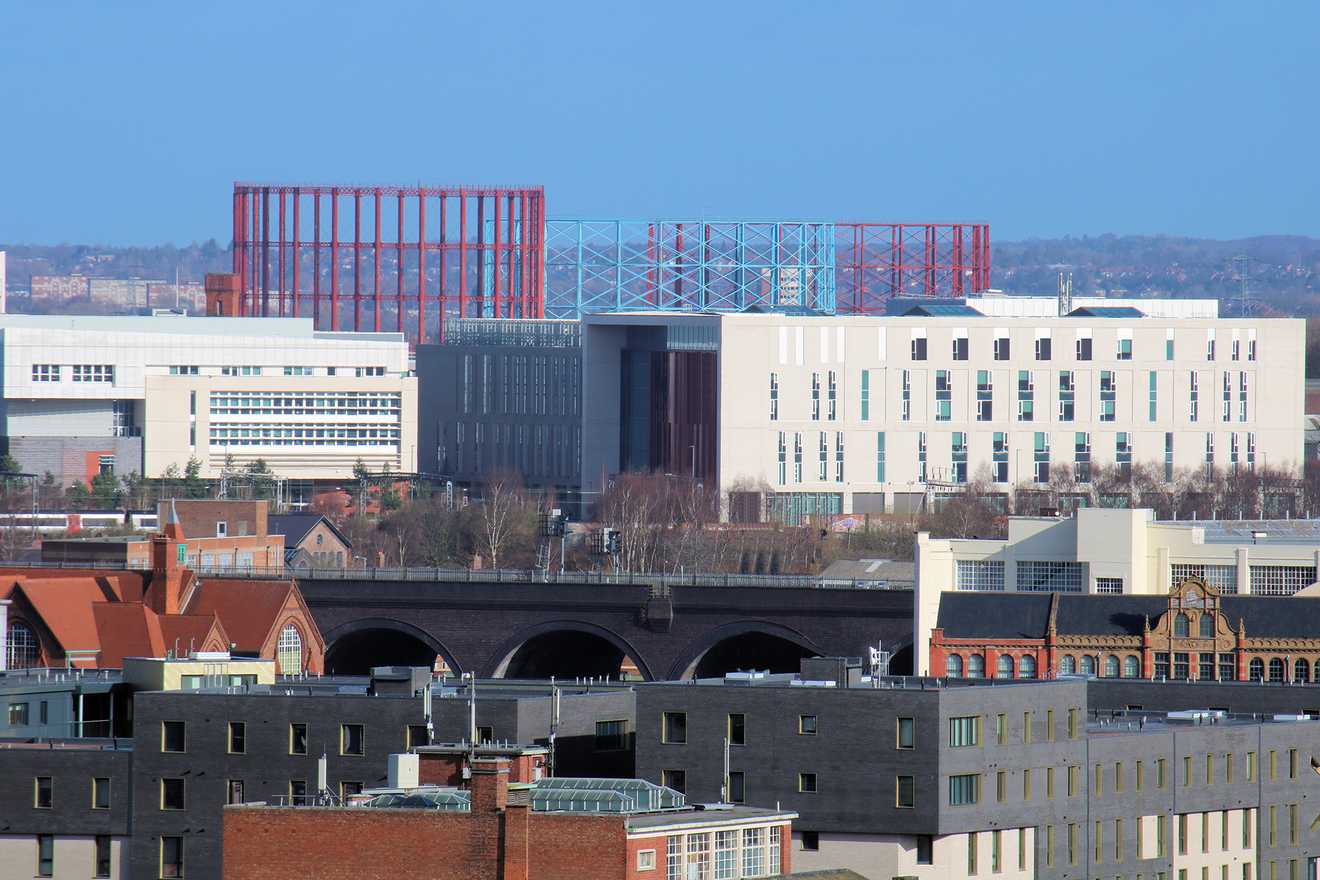 Birmingham city buildings and skyline. Birmingham University with Aston Gasometers. Commercial Image. 24mp.